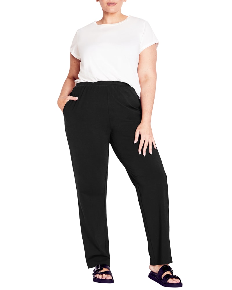 Front of a model wearing a size 18/20 Melanie Active Pant in Black by avenue. | dia_product_style_image_id:300394